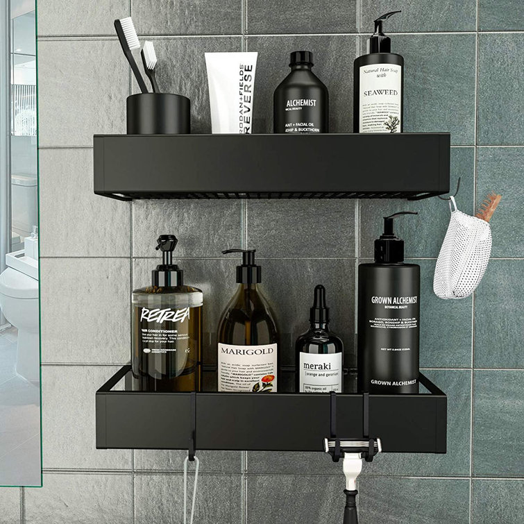1pcs Bathroom Corner Shelf, Wall Mounted Bathroom Adhesive Shower Shelf  with Hooks, Kitchen Organizer, Black, No