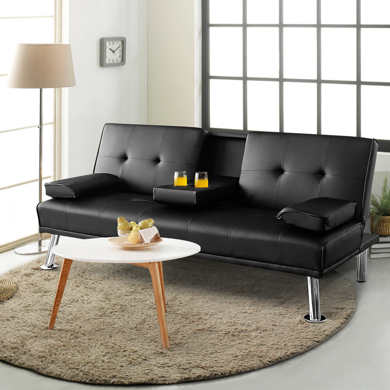 Maggie Twin 66'' Faux Leather Convertible Sofa, Black Faux Leather
