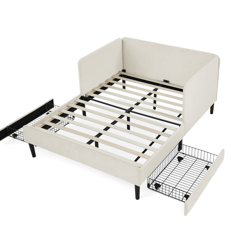 Lit plateforme tapissier pleine grandeur beige avec 2 tiroirs de rangement, velours convertible pour une esthétique de chambre à coucher moderne et polyvalente