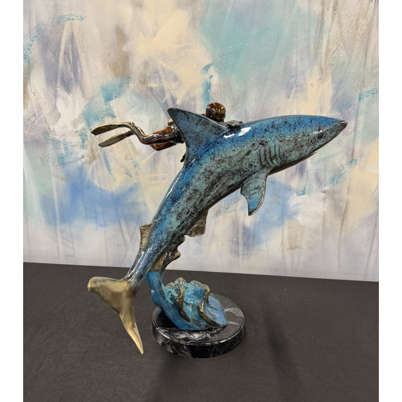 Sculptures & Beyond Shark with Diver Cast Bronze Sculpture – Lost-Wax Bronze with Hand-Applied Patina on Black Marble Base – Coastal & Nautical Decorative Art for Home, Office, Poolside & Yacht Décor – Fearless Encounter – 19"H