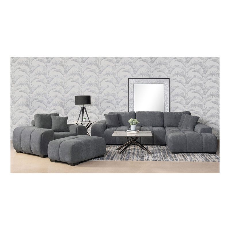 Canapé d'angle en L Plather gris anthracite, revêtement capitonné, méridienne réversible et coussins de dossier amovibles