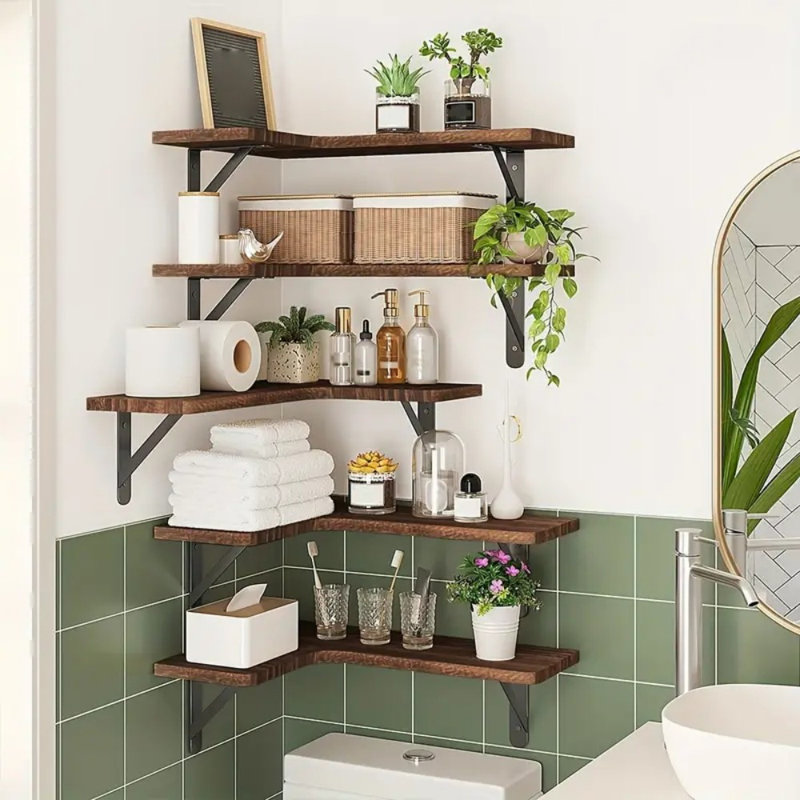 5Pcs Rustic Wood Corner Floating Shelves - Dark Carbonized Black, Easy Wall Installation, Space-Saving Design For Bathroom, Kitchen, Bedroom, Or Living Room, Sturdy & Reliable 16.1X11.4In, Perfect For Christmas Decor And Year-Round Display, Bathroom Wall 