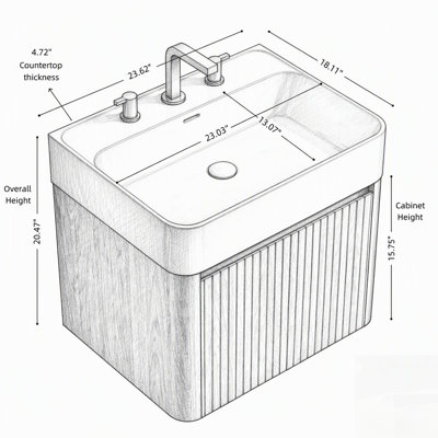 Meuble-lavabo suspendu avec lavabo intégré en surface solide et trois trous pré-percés pour robinetterie pour un rangement moderne