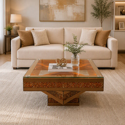 Table basse moderne à trois niveaux en verre miroir avec incrustations de faux diamants