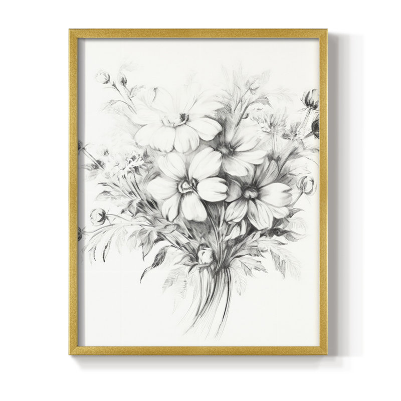 Reproduction florale rétro encadrée XIXème - bois massif, H 15 po x l 12 po, Doré
