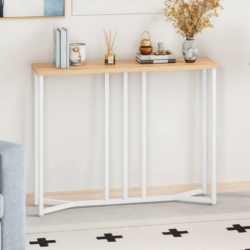 Set Of 2 Console Table, Slim Console Table For Hallway, Metal Frame, Sofa Table, 80 cm H x 80cm W x 20 cm D, Oak Wood, White