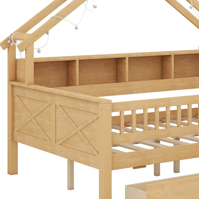 Lits plateforme en bois avec DEL, tablettes de rangement, tiroirs et garde-corps, Naturel