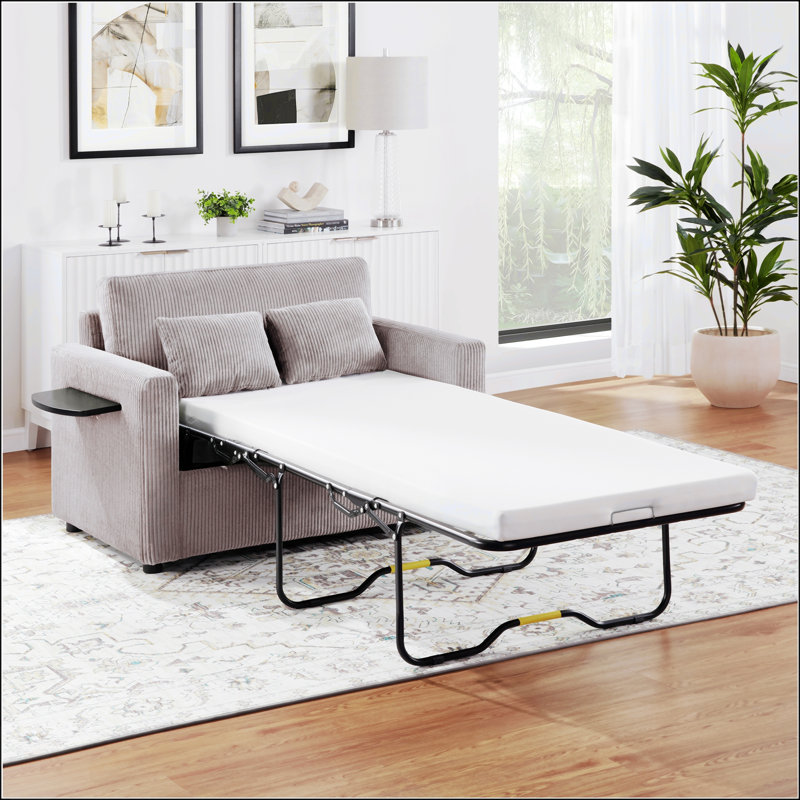 Canapé-lit simple polyvalent avec matelas pliable, table d'appoint pliable, pochette de rangement et ports USB pour des espaces de vie compacts