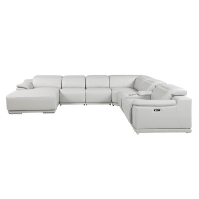Beige Left-Facing 7-Piece L-Shaped Sectional In Genuine Leather With 2 Power Recliner & Adjustable Headrests