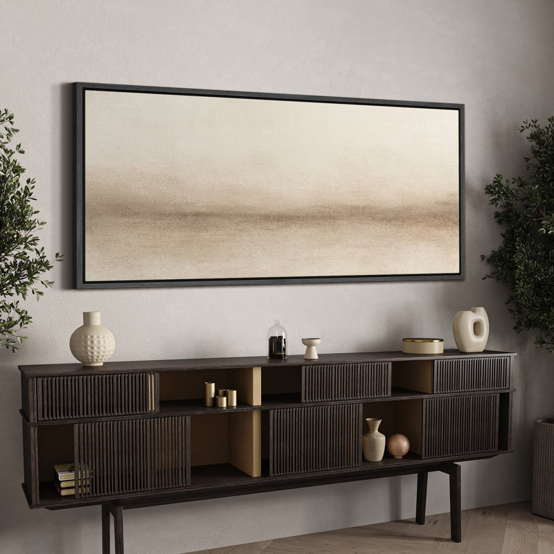 Large Framed Canvas Print Wall Art - Beige Abstract Landscape Print for Modern Neutral Home Decor, Black, 30" H x 60" W