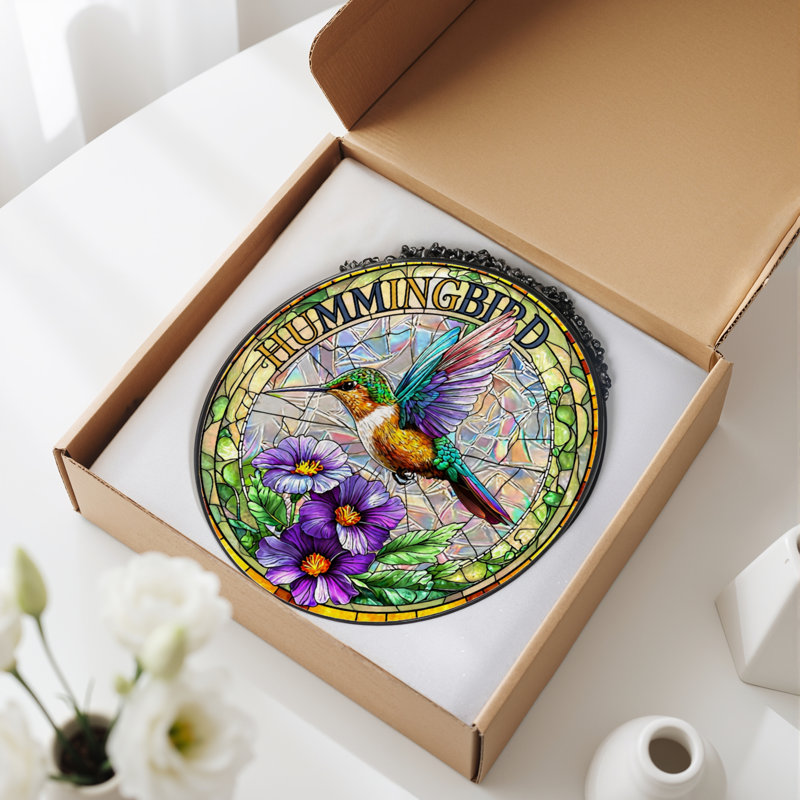 Panneau de vitrail à motif de colibri floral 12 po H 12 po, H 12 po x l 12 po