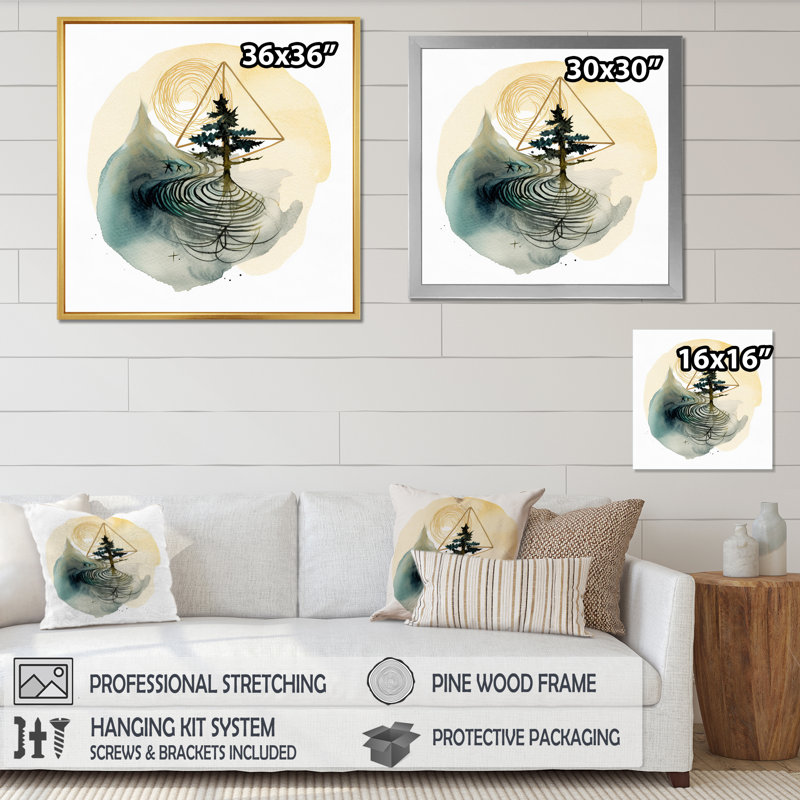 Paysage abstrait de montagnes, lune et arbre VI, H 30 po x l 30 po x P 1 po, Cadre flottant noir