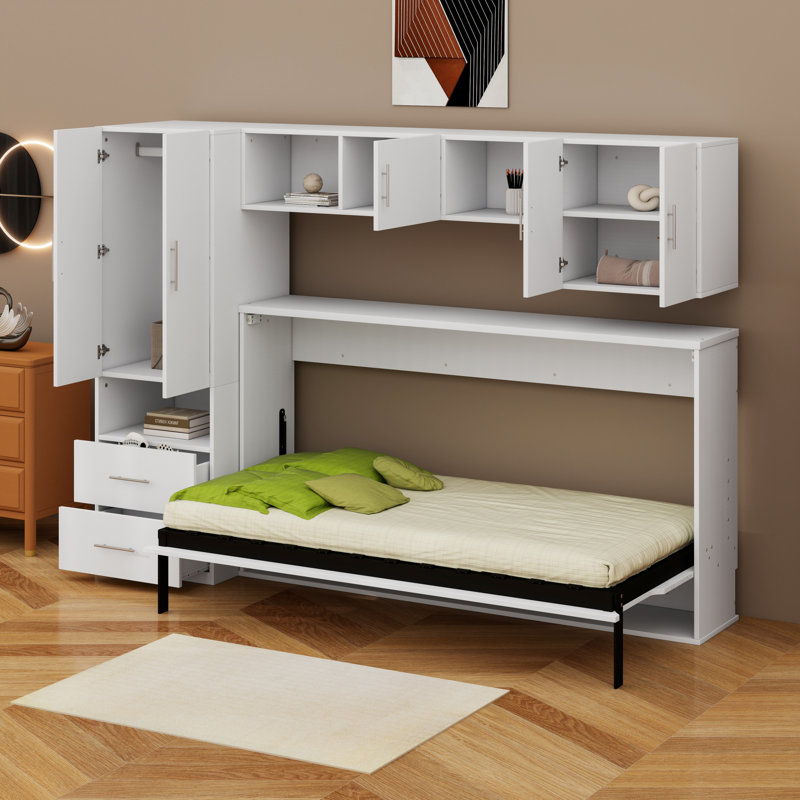 Murphy Bed With Open Shelves And Storage Drawers,Built-In Wardrobe And Table