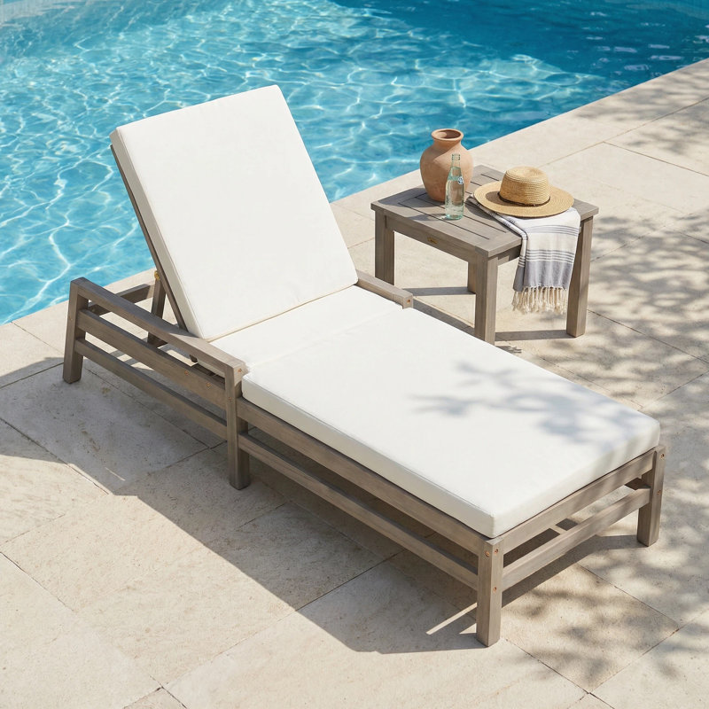 5-Position Adjustable Patio Chaise Lounge with Solid Wood and Thick Cushions, 1, Gray