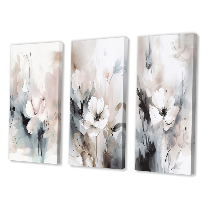 «Delicate Gray Flowers», 3 pièces sur toile, Toile tendue, H 32 po x l 48 po