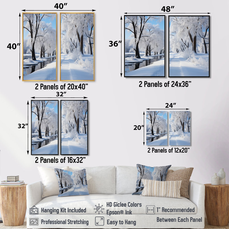 Winter Snowy Serenity IV - Art mural blanc 2 panneaux, H 20 po x l 24 po, Reproduction encadrée sans passe-partout, Noir