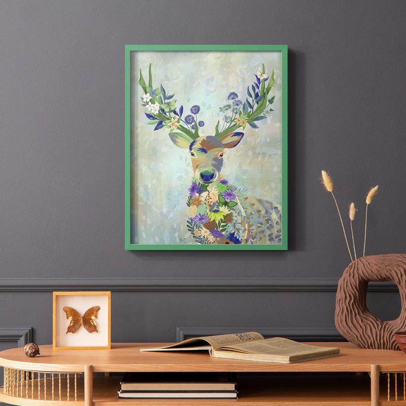 Fantastic Florals Deer, Portrait, reproduction encadrée - bois massif, Vert, H 10 po x l 8 po