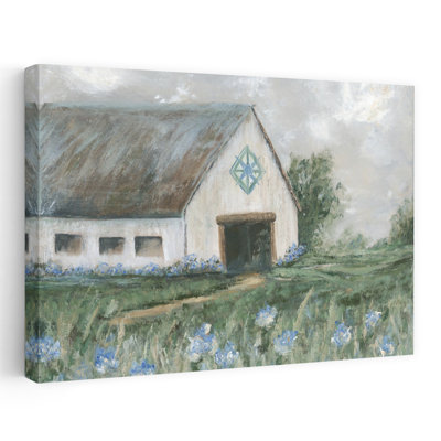 Blue Acres Barn - Modern Farmhouse Barn In Field Cloudy Sky Blue Flowers Art