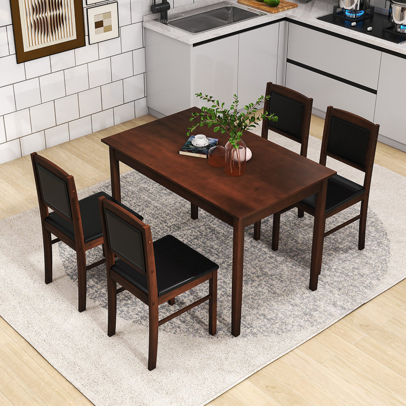 5 PCS Dining Table Set for 4 w/Rubber Wood Legs Upholstered Seat Padded Backrest, Black, Brown