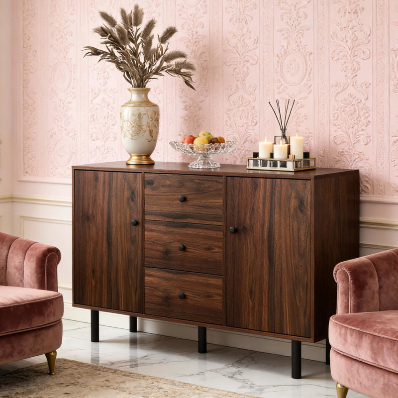 Armoire de rangement élégante - brun rustique et noir, l 50 po x P 15,75 po, H 30 po, deux armoires fermées, trois tiroirs coulissants, tablettes réglables pour un repas élégant ou fonctionnel