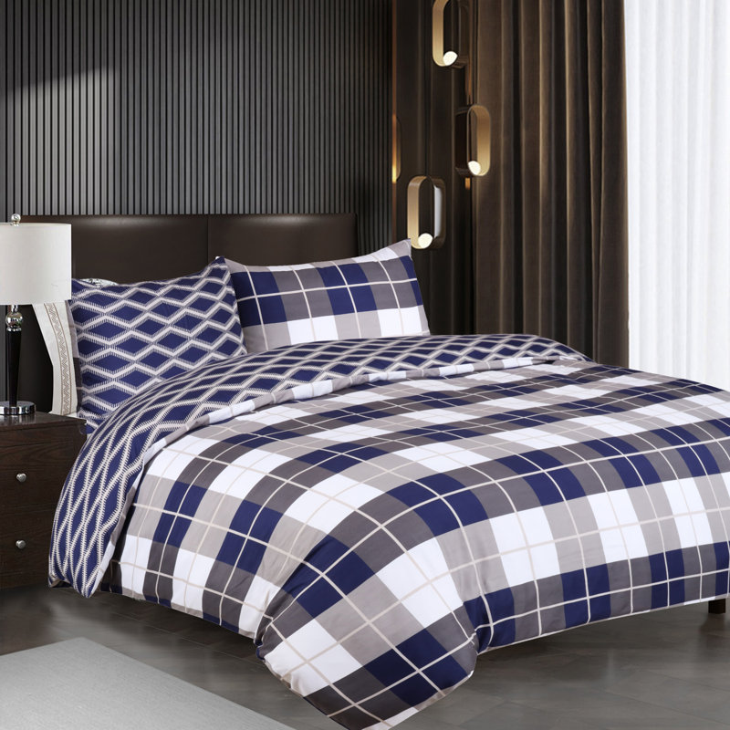Microfiber Flora Reversible Duvet Cover with Pillowcases, Navy Check Checkered, Single Duvet Cover + 1 Standard Pillowcase