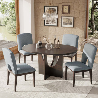 Modern 5-Piece Extendable Round Dining Table Set With Removable Leaf For Small Places