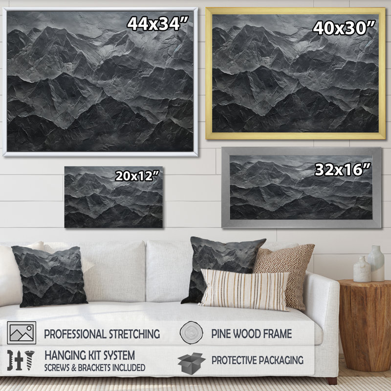 Toile de montagne américaine majestueux gris minimalisme - montagnes, Cadre simple noir, H 12 po x l 20 po x P 1 po