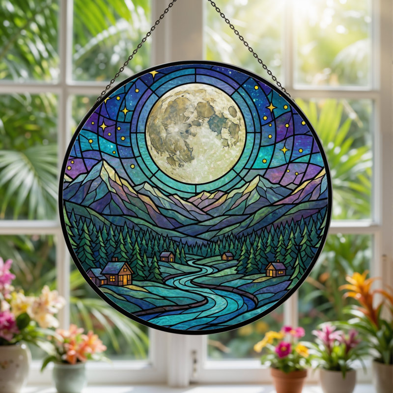 7.8"H Moonlight Mountains Stained Glass Window Panel, 7.8" H x 7.8" W