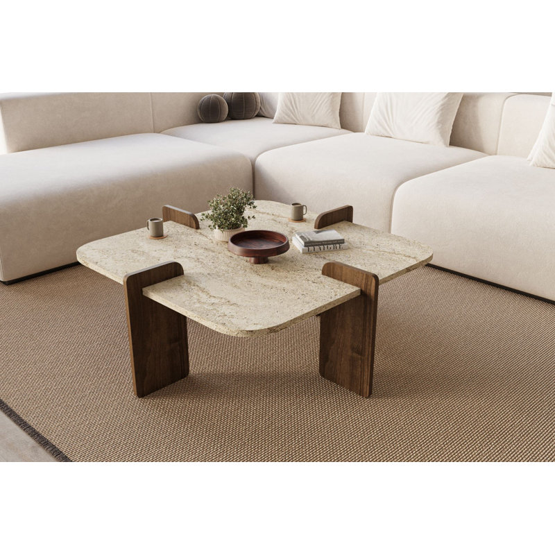 Table basse carrée en travertin et noyer, Travertin noyer, Beige