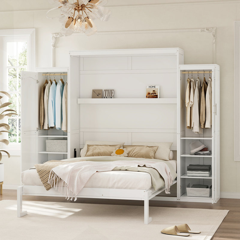 Murphy Bed With Solid Wood Frame, Murphy Bed Cabinet With 2 Wardrobes And Storage Shelves, White, Queen