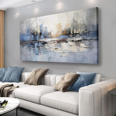 Abstrait, art mural bleu et gris, peinture sur toile moderne, œuvre d'art abstraite pour le salon, la chambre, la salle de bain, le bureau, la décoration intérieure, 24 po x 48 po