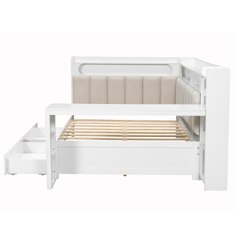 Daybed With Storage Shelves,drawers,charging Station,led Light,desk And Upholstered Headboard And Backrest, White