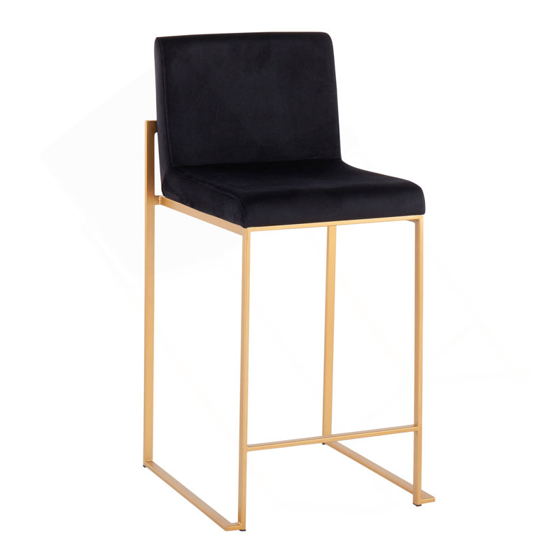 Tabouret de comptoir à dossier haut Fuji en acier doré et velours noir par Lumisource, Doré, Noir
