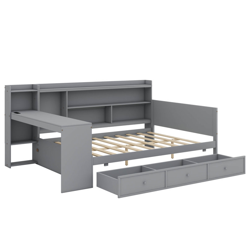 Twin Size Wooden Daybed With 3 Drawers, USB Ports and desk, Gray 
