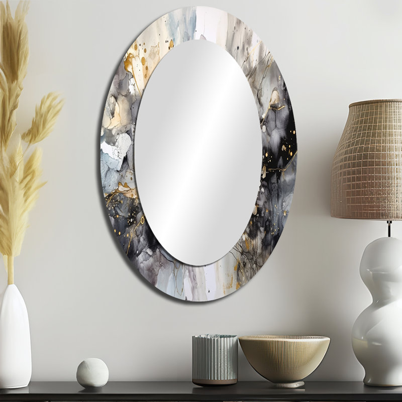 Grey Gold Delicate Abstract Brushstrokes II - Large Oval Wall Mirror On Metal, 36" x 24"
