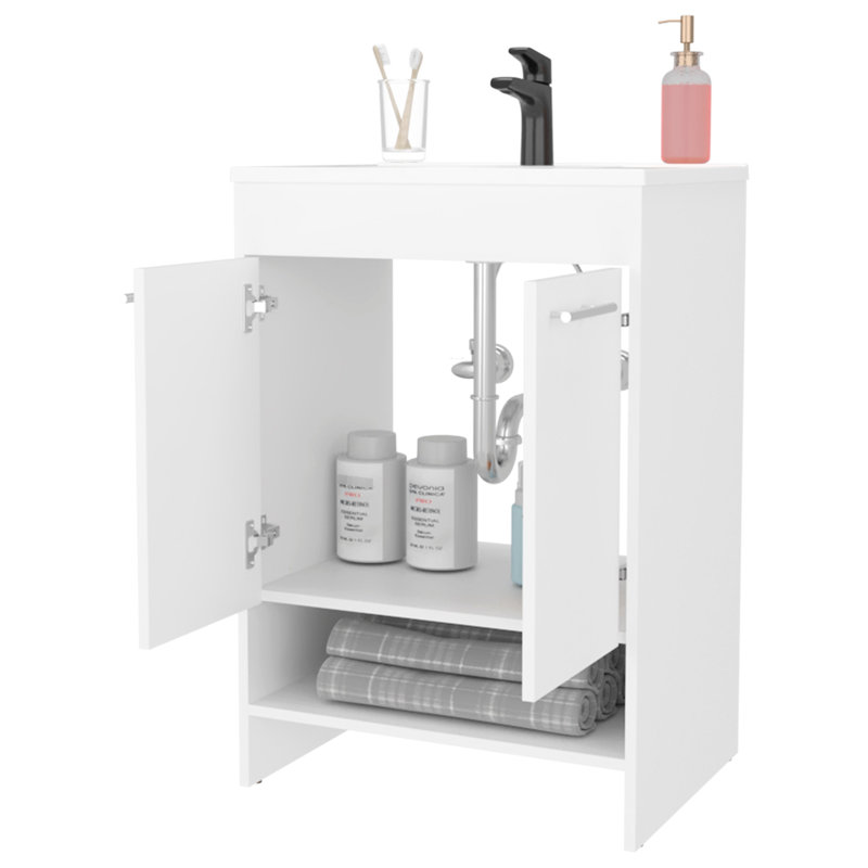 Meuble-lavabo blanc 2 portes pour salle de bain avec espace de rangement ouvert - Complément de panneau de particules 34,6 H x 23,2 l 17,7 po dans des articles de toilette de 34,6 po de hauteur, 23,2 po de largeur et 17,7 po de profondeur