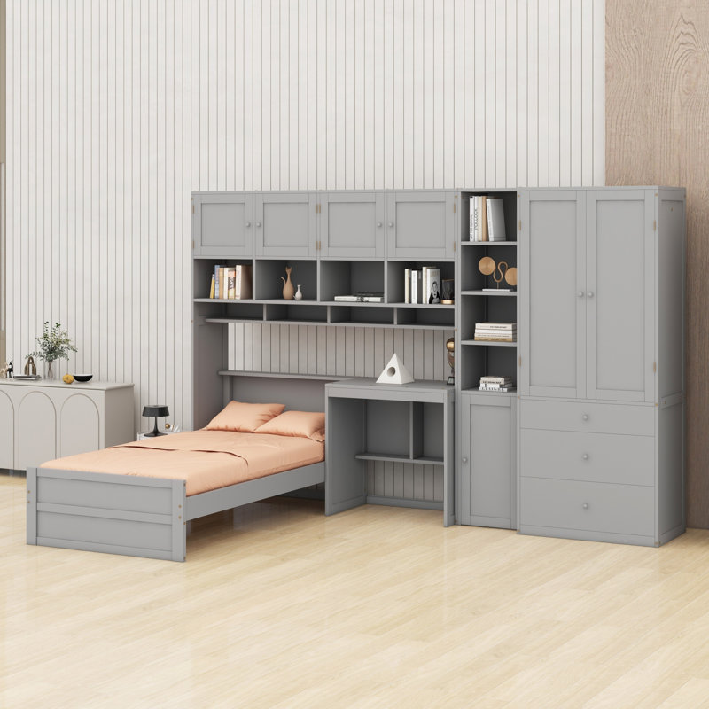 Space-Saving Wooden Platform Bed with Desk, Wardrobe, Drawers and Storage Shelves, Gray