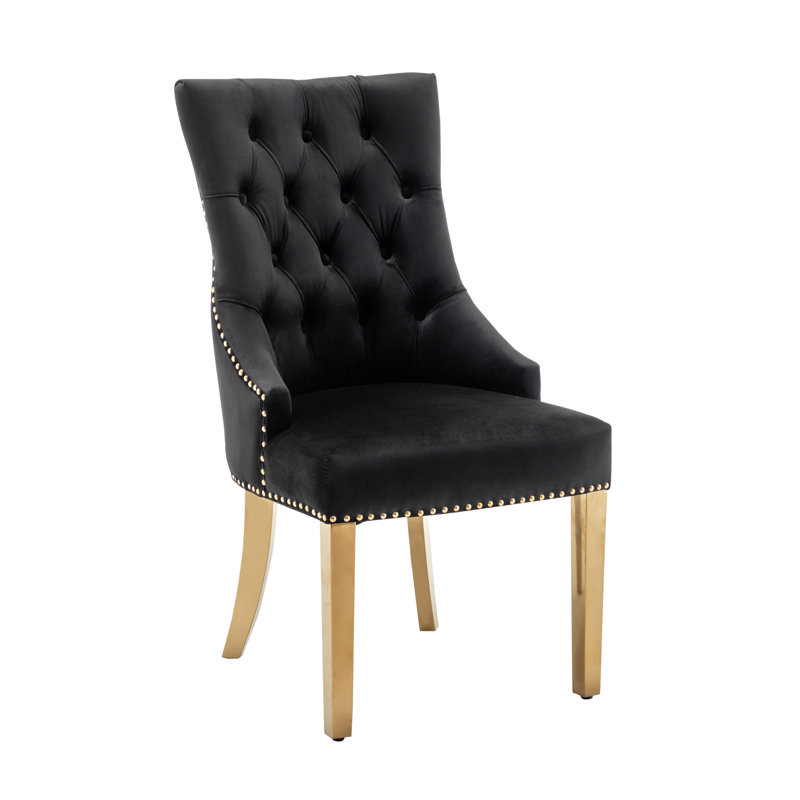 Dillmon Tufted Velvet Dining Chair with Gold Chrome Legs, Black Velvet
