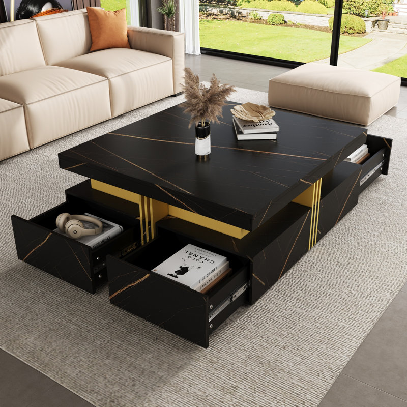 Modern Black Square Storage Coffee Table With 4 Drawers, Black