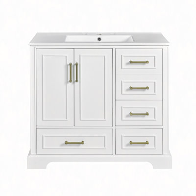 Meuble-lavabo traditionnel 36 po avec lavabo en céramique, armoire de salle de bain avec deux portes à fermeture douce et quatre tiroirs