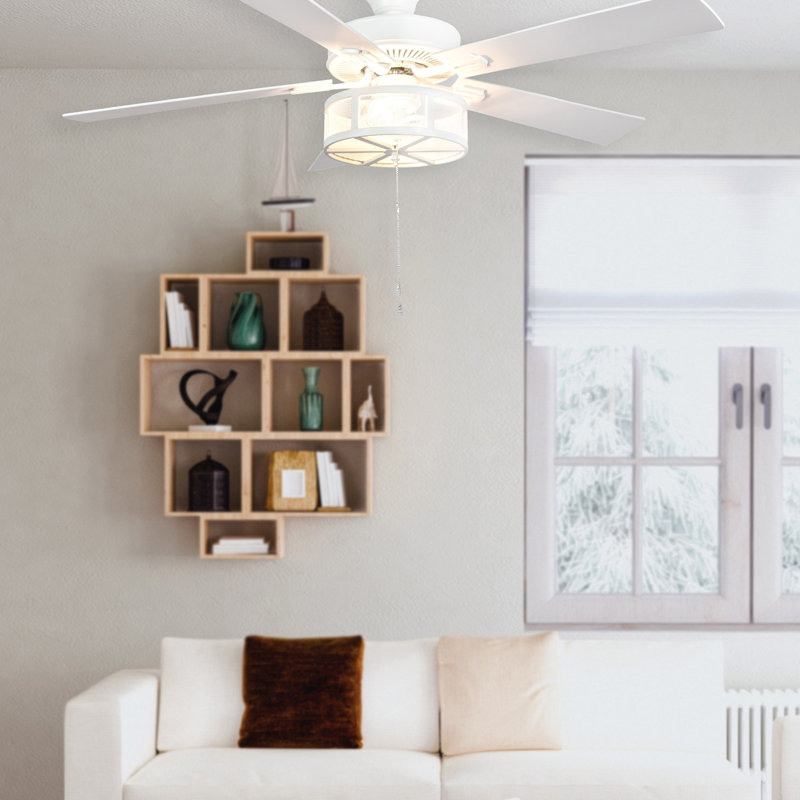52" 5 - Blade Farmhouse White Ceiling Fan with Pull Chain and Light Kit Included