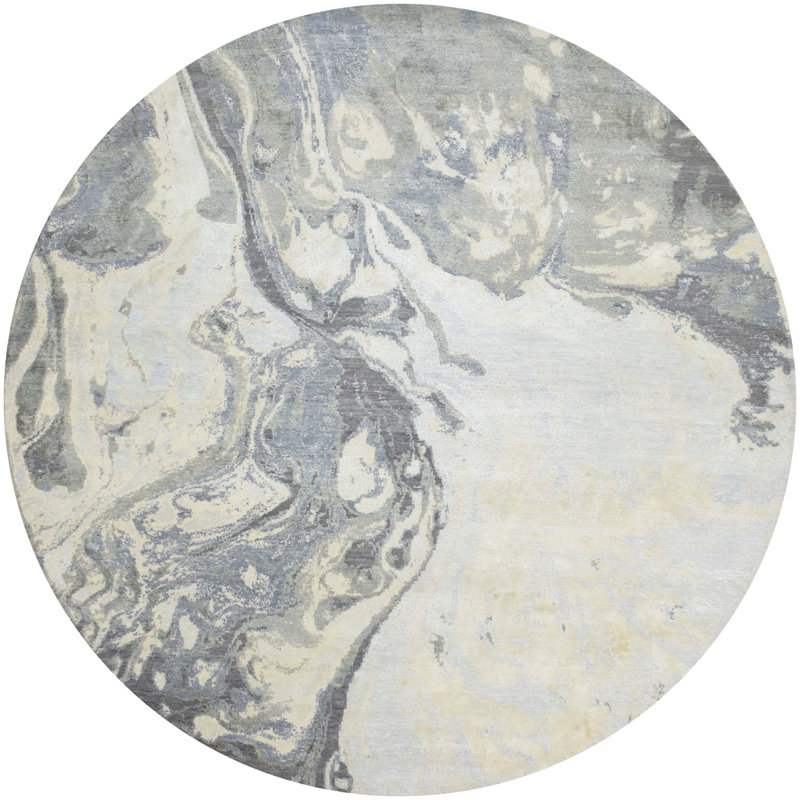 Hand Knotted Area Rug in Ivory/Blue/Yellow, Round 10'