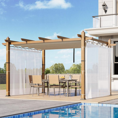 Pergola rétractable 10 x 13 pi avec auvent et treillis latéral - Aluminium à grain de bois, beige + blanc pour patio, cour arrière ou porche