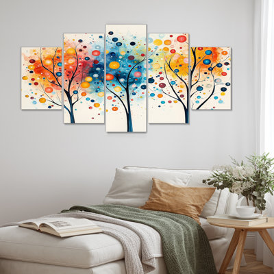 4 Seasons Orange And Blue Tree Reflections III - Abstract Midcentury Wall Art Set