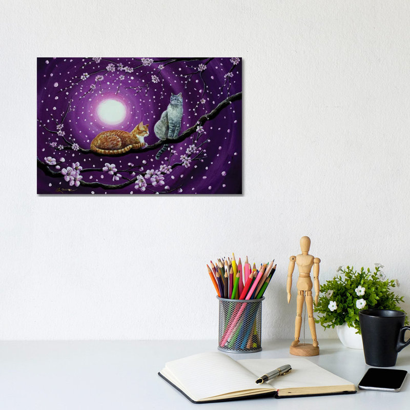 Cats In Dancing Cherry Blossoms by Laura Iverson - Wrapped Canvas Print, 20.32 cm H x 30.48 cm W