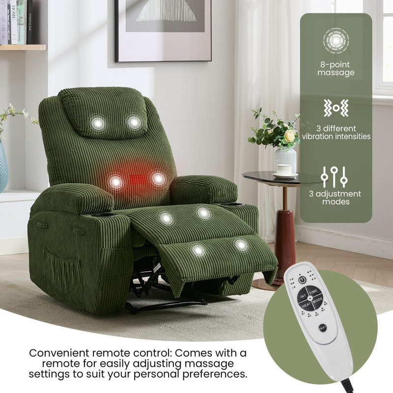 Fauteuil inclinable électrique ultra-confortable en velours côtelé - Ajustement avant et arrière à 135 °, massage chauffant