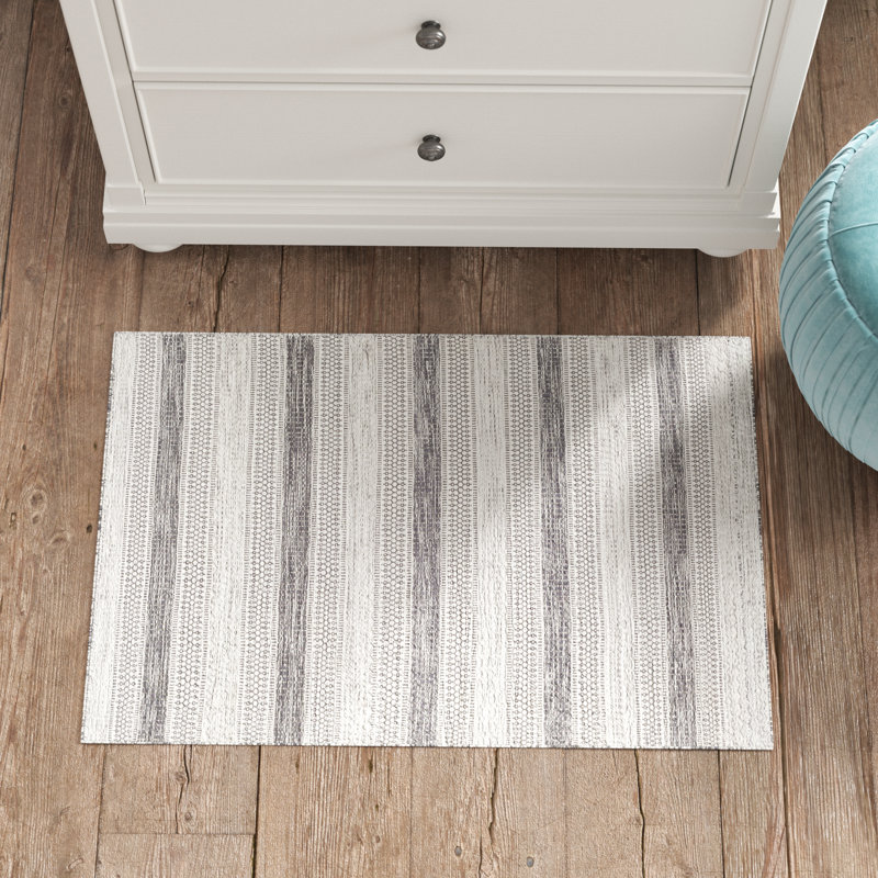Tapis rayé en laine touffeté à la main ivoire / noir, Rectangle 3 pi 6 po x 5 pi 6 po