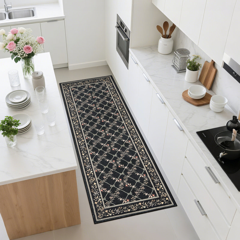 Modern Machine Washable Area Rugs Diamond Floor Mats with Non-Slip Backing, Non-Shedding Floral Print Accent Rug, Foldable Soft Low Pile Indoor Carpet