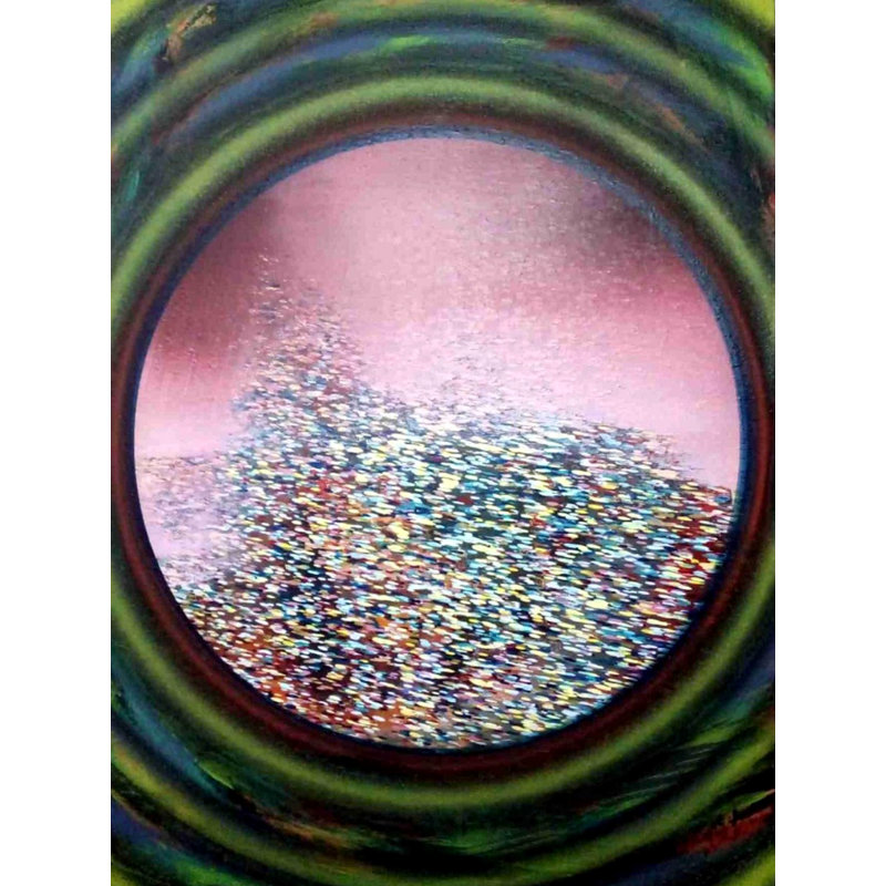 «Innumerable from the Eye», peinture acrylique par Ghanshyam Gupta - toile spirituelle abstraite 32 po x 24 po avec texture pointilliste et symbolisme cosmique pour la décoration intérieure