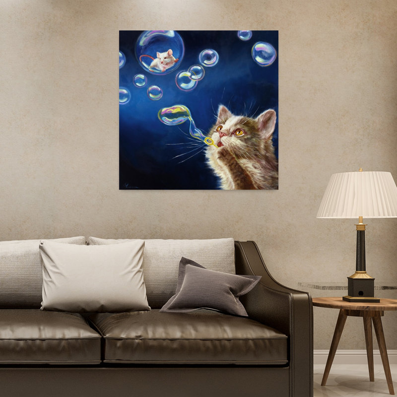 Blowing Bubbles Contemporary Cat Urban Art, 32" H x 32" W